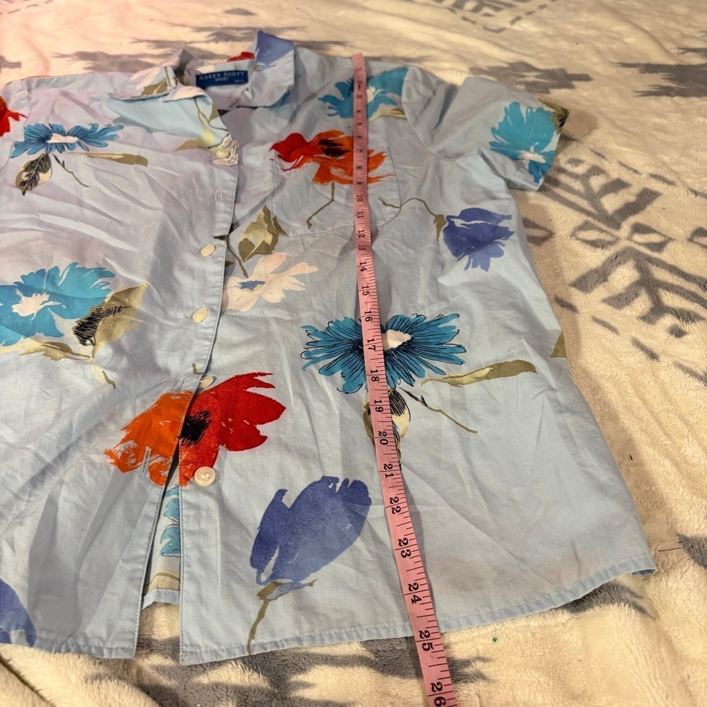 Karen Scott Button Down Shirt Womens PM Blue Floral Short Sleeve Cotton Tropical - Picture 8 of 9